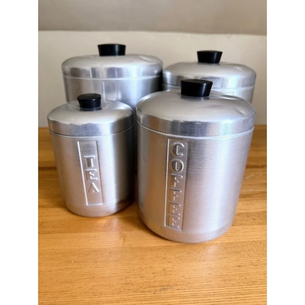 VTG Mid-Century Brushed Aluminum Canister Set Of 4 With Lids 1950s MCM Retro